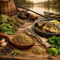 Fisherman's Blend spice blend, herbs, and a dish of fish on a wooden surface with a lakeside background