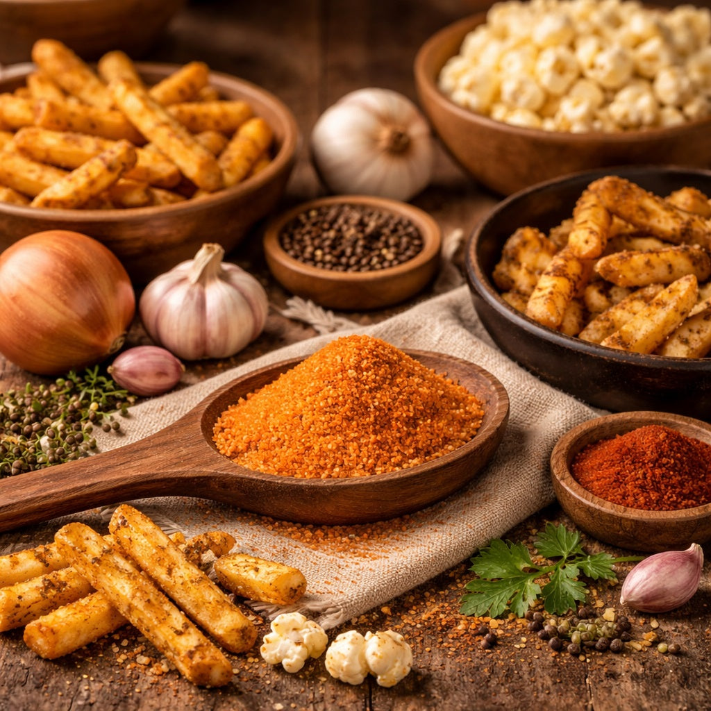 French Fry Seasoning on a wooden spoon, seasonings on a wooden surface with bowls of french fries and popcorn.