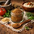 Jar of Garden Medlespice mix on a wooden surface with herbs and tomatoes and a dip in the background