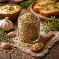 Jar of Garlic Bread Seasoning on a wooden table with garlic, garlic bread and garlic butter in the background