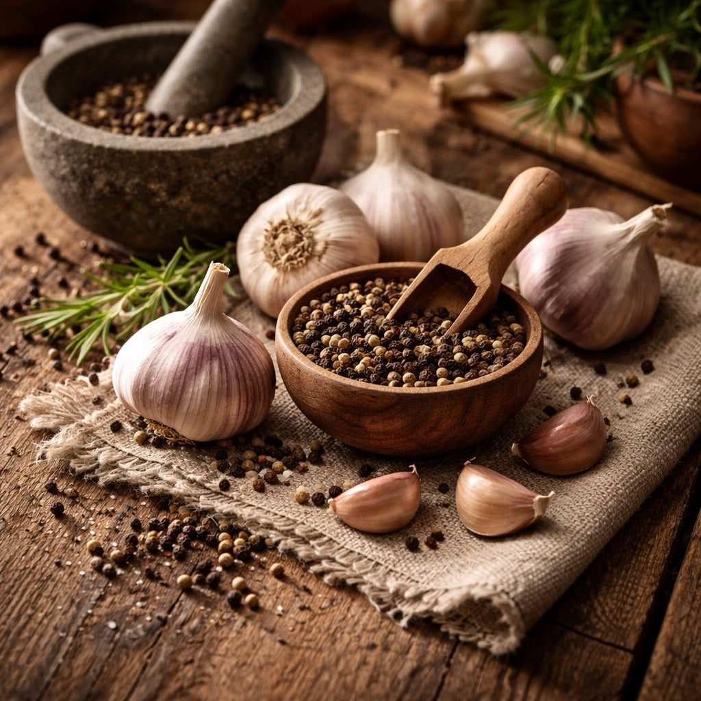 Wooden bowl with black peppercorns, garlic cloves, and a mortar and pestle on a rustic wooden surface.