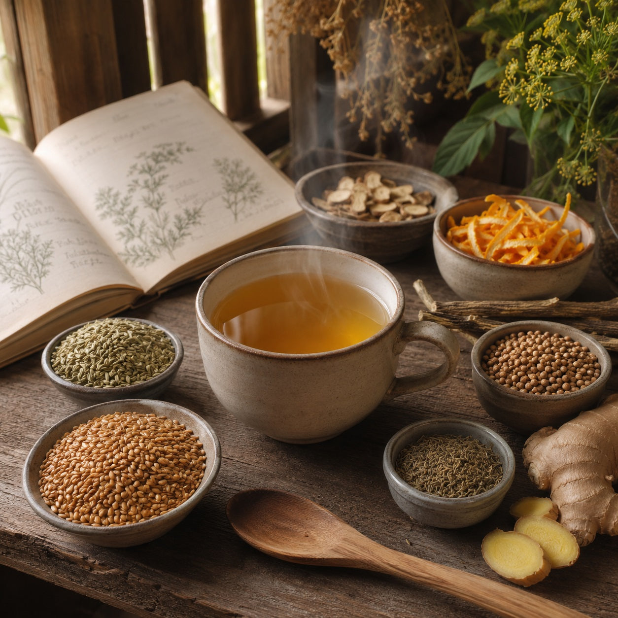 Gentle Relief Tea cup with steaming tea on a wooden table surrounded by bowls of herbs and spices, with an open book in the background.
