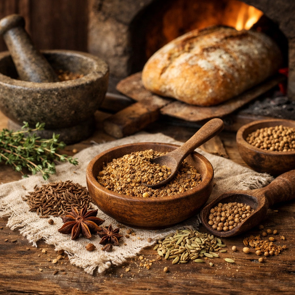 German Bread Spices in wooden bowl with a loaf of bread in the background