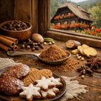 A spoon with Cookie Spice Blend and a platte of German baking in front and a black forrest house in the back
