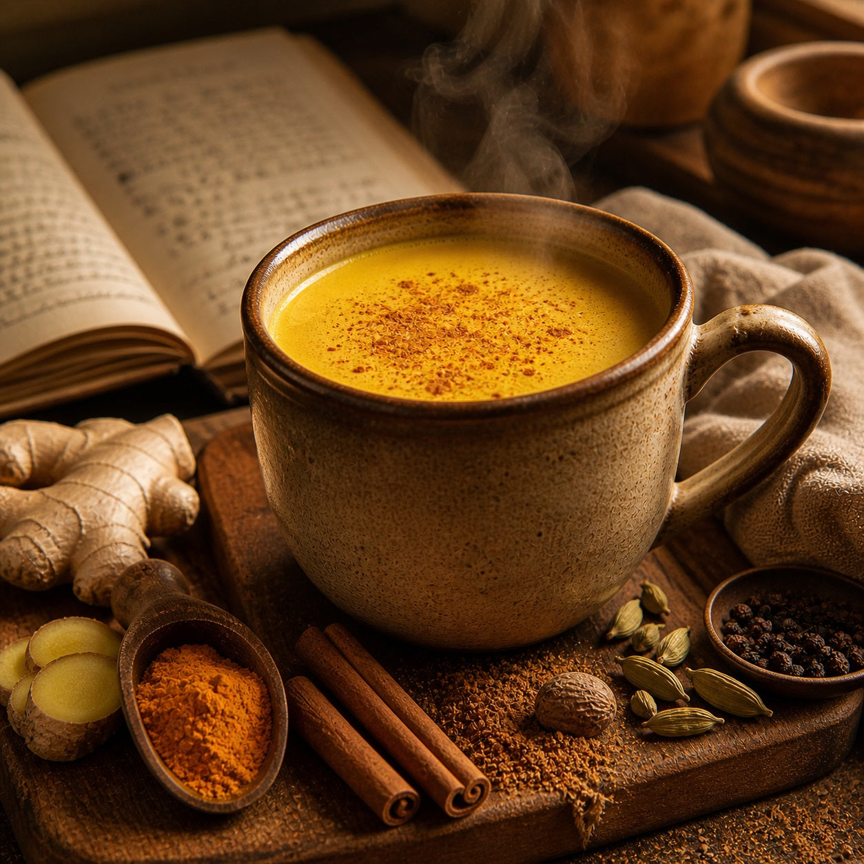 Mug of golden milk with spices and a book in the background