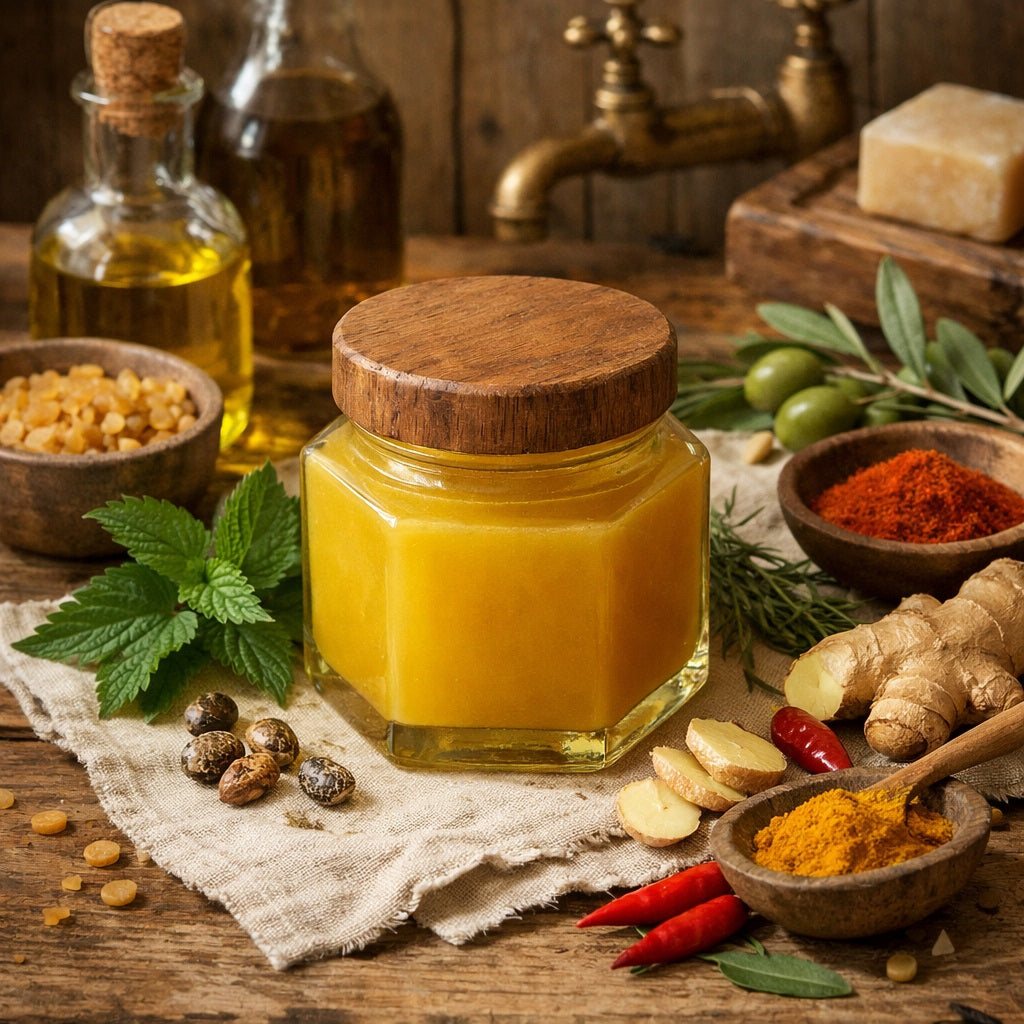 Jar of Golden Warmth Balm with wooden lid on a rustic wooden table with various ingredients.