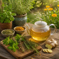 Good Morning Tea set with herbs and flowers on a wooden table