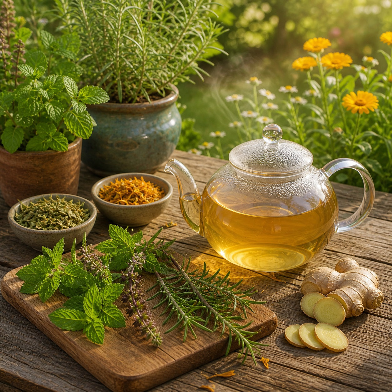 Good Morning Tea set with herbs and flowers on a wooden table