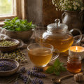 Good Night Tea-making setup with a teapot, cups, and herbs on a wooden table.
