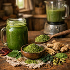 Green smoothie ingredients including a jar of smoothie, bowl of powder, and spoonful of powder on a wooden table.