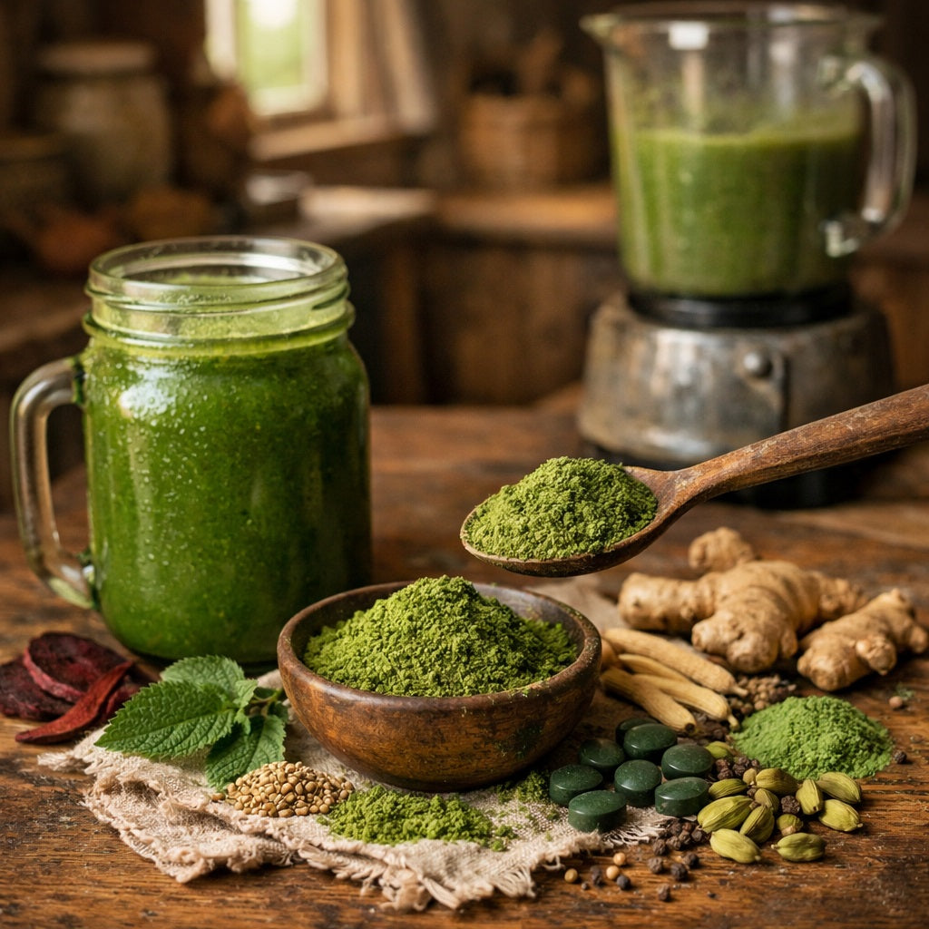 Green smoothie ingredients including a jar of smoothie, bowl of powder, and spoonful of powder on a wooden table.