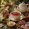 Happy Heart Tea cup with steam, teapot, and various herbs and flowers on a wooden table.