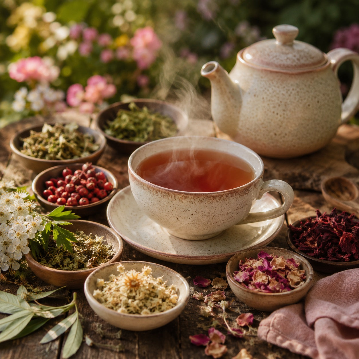 Happy Heart Tea cup with steam, teapot, and various herbs and flowers on a wooden table.