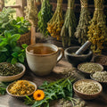 Healthy Liver tea setup with dried herbs, a mortar and pestle, and a cup of tea on a wooden surface.
