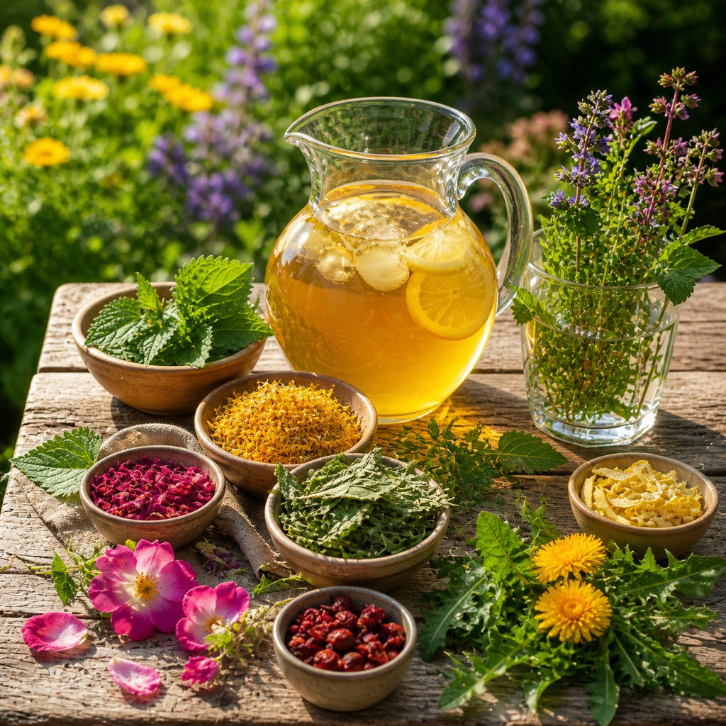 Herb Garden Refresher with ingredients and a pitcher on a wooden surface outdoors