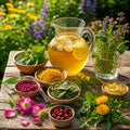 Herb Garden Refresher with ingredients and a pitcher on a wooden surface outdoors