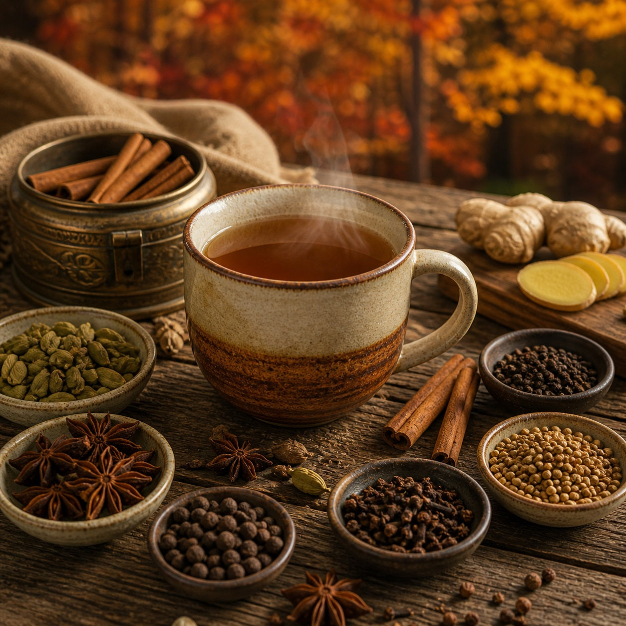 Steaming cup of Herbal Chai surrounded by spices and autumn leaves