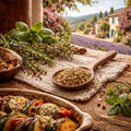 Herbs de Provence herb blend in a wooden bowl and spices on a wooden surface with a scenic background of lavender fields and houses.