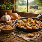 Homestead Dust Spice Blend in a wooden bowl and fried chicken with potatoes in a skillet on a wooden table with a window view of a tractor and chicken.