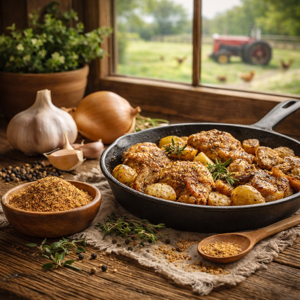 Homestead Dust Spice Blend in a wooden bowl and fried chicken with potatoes in a skillet on a wooden table with a window view of a tractor and chicken.