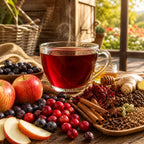 Steaming cup of Homesteasd Fruit Chai on a wooden table with fruits, spices, and honey.