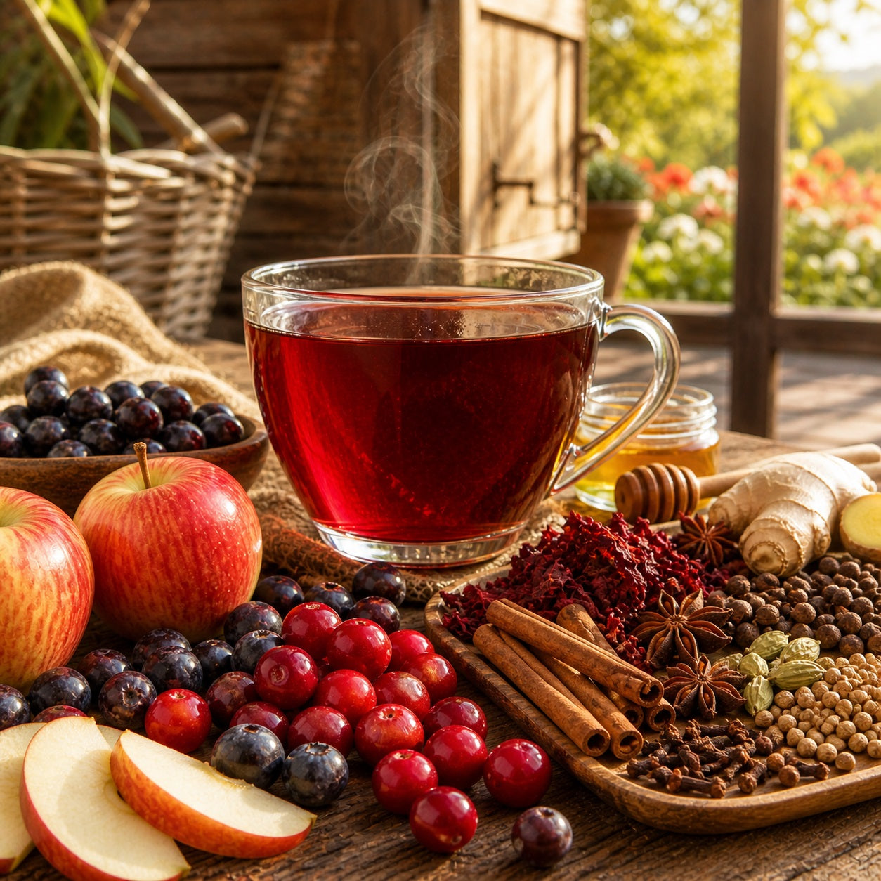 Steaming cup of Homesteasd Fruit Chai on a wooden table with fruits, spices, and honey.
