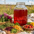 Gallon jar of Homestead Sunshine suntea with herbs and flowers on a natural background