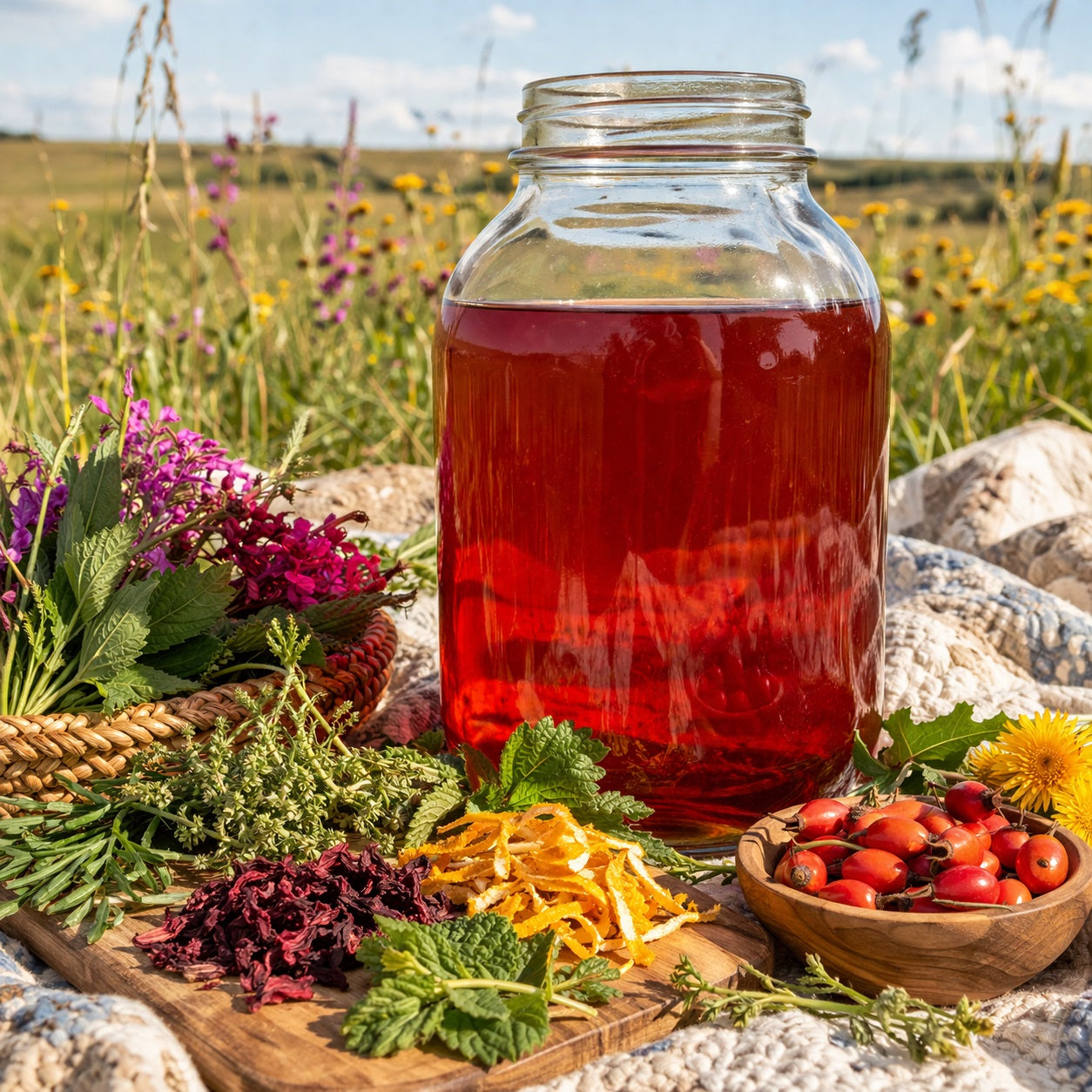 Gallon jar of Homestead Sunshine suntea with herbs and flowers on a natural background