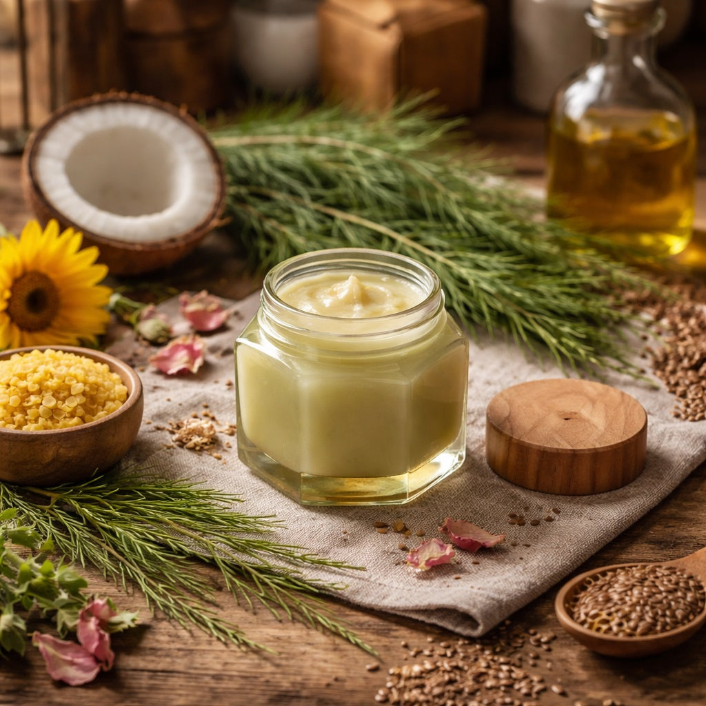 Jar of Horsetail Balm on a wooden table with natural ingredients