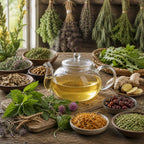 Immune Support Tea set with herbs and natural ingredients on a wooden table