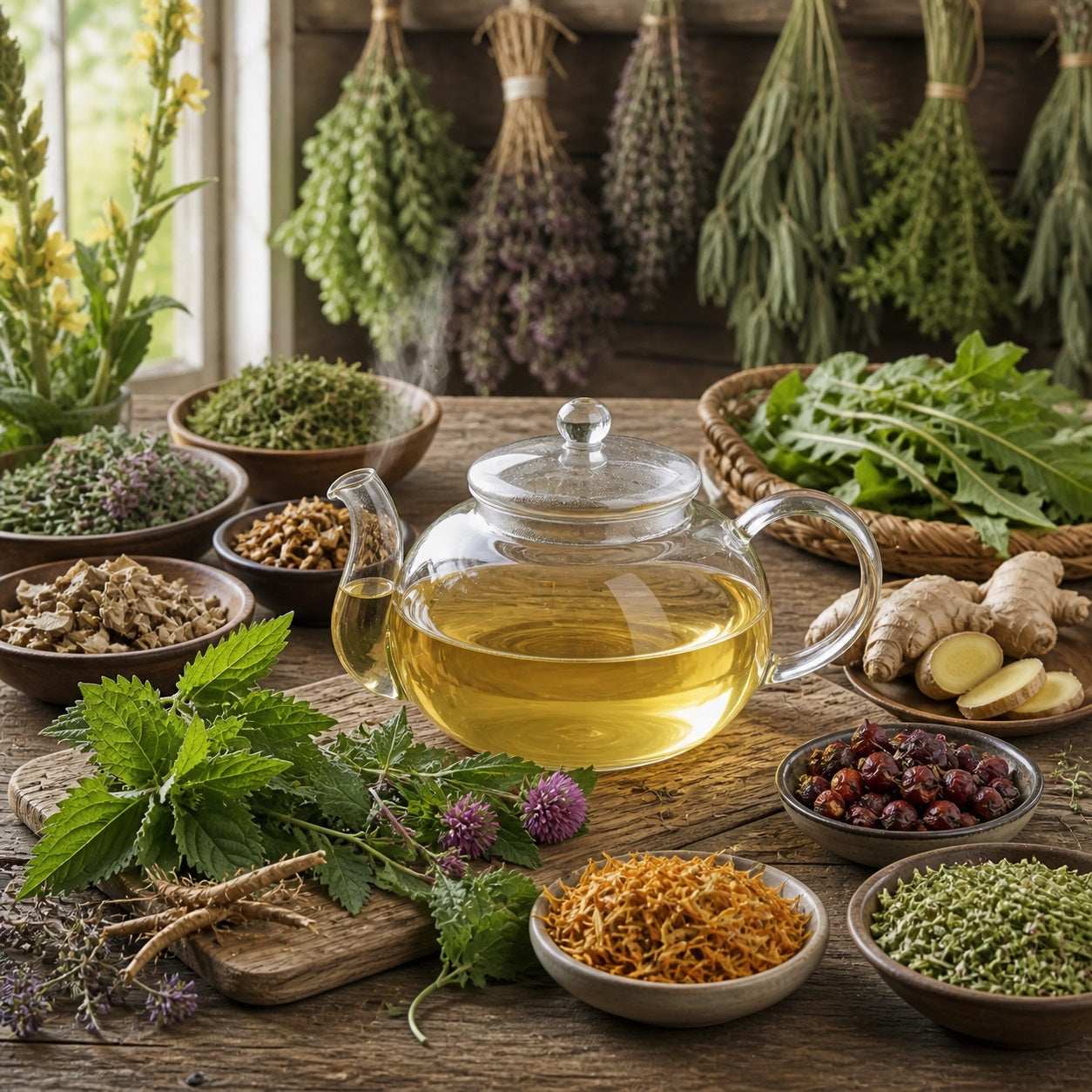 Immune Support Tea set with herbs and natural ingredients on a wooden table