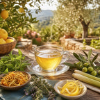 Steaming cup of Lemon Garden tea on a wooden table with herbs and lemons in an outdoor setting