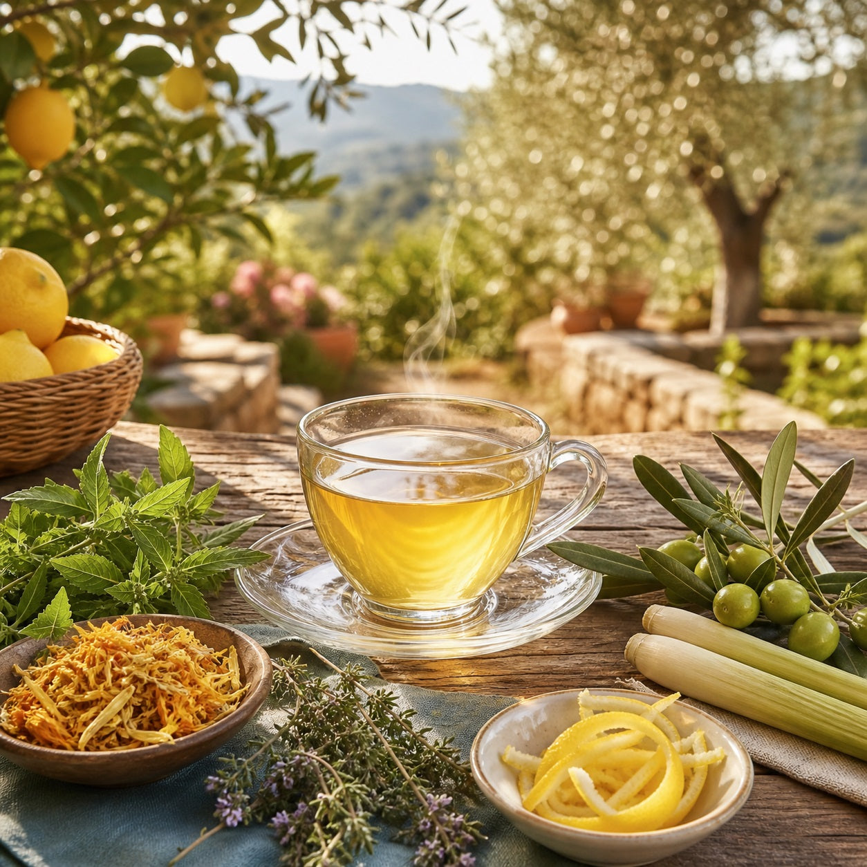 Steaming cup of Lemon Garden tea on a wooden table with herbs and lemons in an outdoor setting
