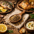 Assorted dishes including fish, chicken, lemon slices, and a wooden spoon with Lemon Pepper Blend on a rustic wooden surface.
