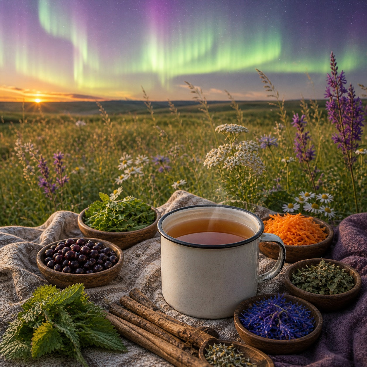 Cup of Living Sky herbal tea on a picnic blanket with Northern Lights in the background