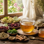 Cup with Lower the Pressure herbal tea, surrounded by herbs and spices on a wooden table near a window with flowers outside.