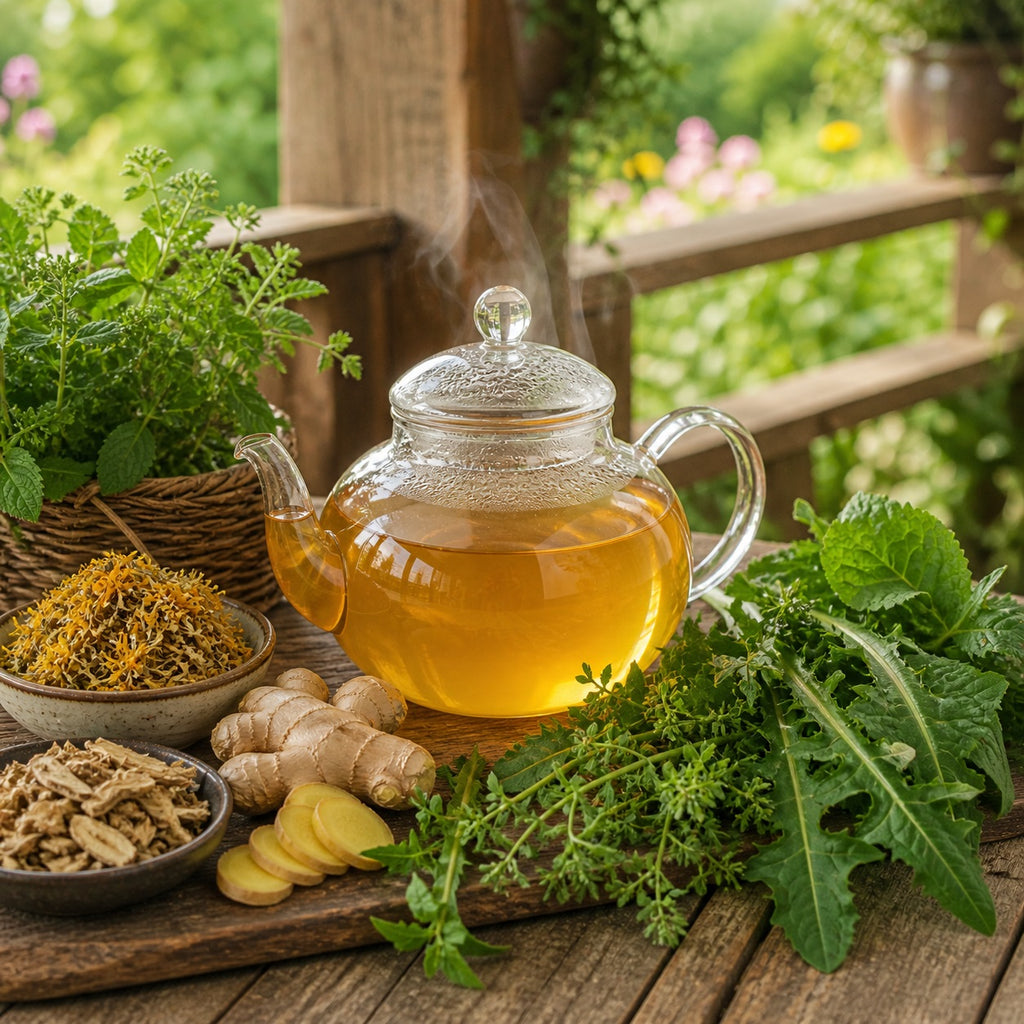 Glass teapot with steaming Lymph Support tea surrounded by herbs and plants on a wooden table outdoors.