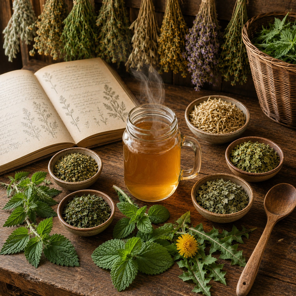 Magnesium Tonic herbal tea with dried herbs, an open book, and a wooden spoon on a wooden surface.
