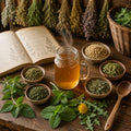 Magnesium Tonic herbal tea with dried herbs, an open book, and a wooden spoon on a wooden surface.