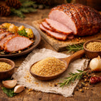 Maple Ham Rub on a wooden spoon with a sliced ham with seasoning on a wooden table