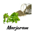 Marjoram leaves and ground marjoram in a jar on a white background with 'Marjoram' text.