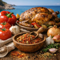 Mediterranean Chicken Spice with a roasted chicken and fresh vegetables and spices on a wooden surface by the sea.