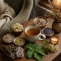 Migrain Relief tea cup with steam, bowls of dried herbs, and a lit candle on a wooden surface.