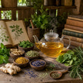 Mind & Memory herbal tea set with herbs and books on a wooden table