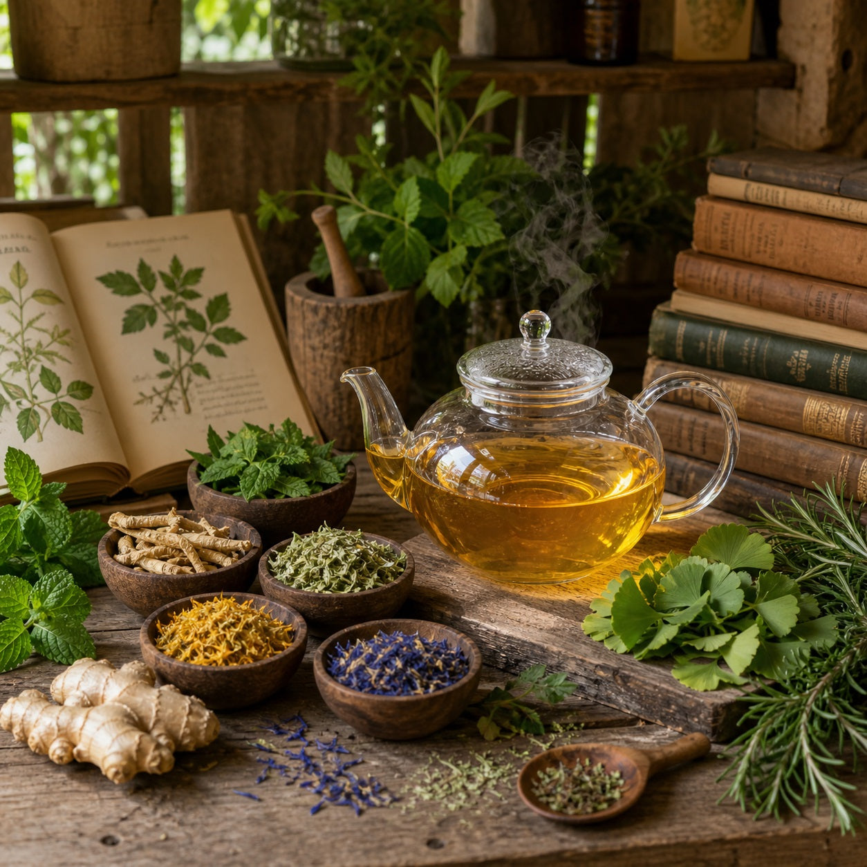 Mind & Memory herbal tea set with herbs and books on a wooden table