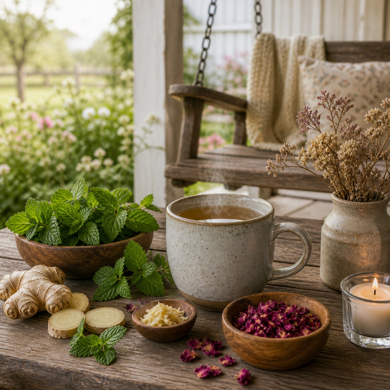Tea cup of Mom's Morning Wellness with herbs and a candle on a wooden table on a porch outdoors