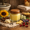 Jar of Moon Cycle Balm with a wooden lid on a wooden surface with sunflower, flowers, and other items.