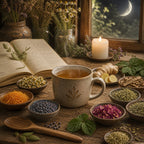 Cup of Moon Cycle herbal tea on a wooden table with candle, book, and herbs in front of a window with moon