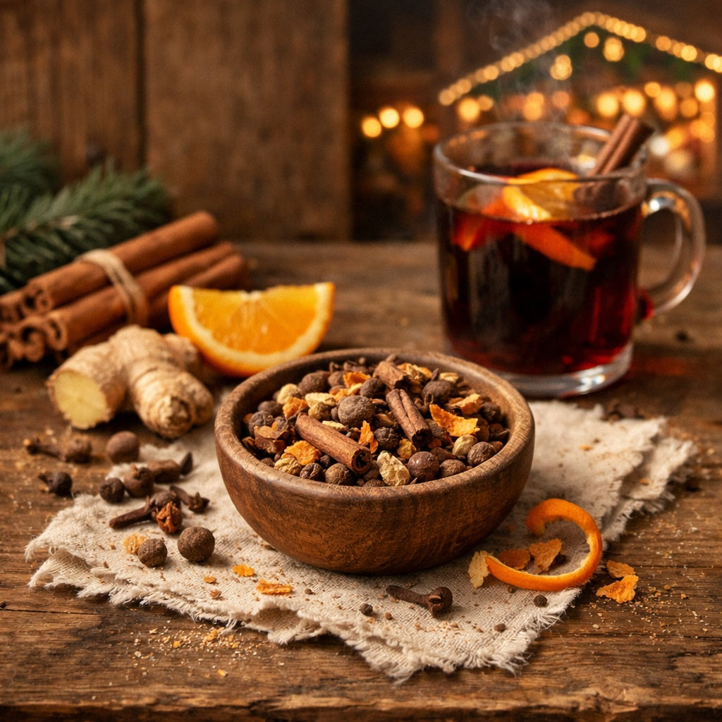 Mulling Spice in a wooden bowl with a mug of hot mulled wine and orange slices on a wooden surface and a Christmas market scene in the background.