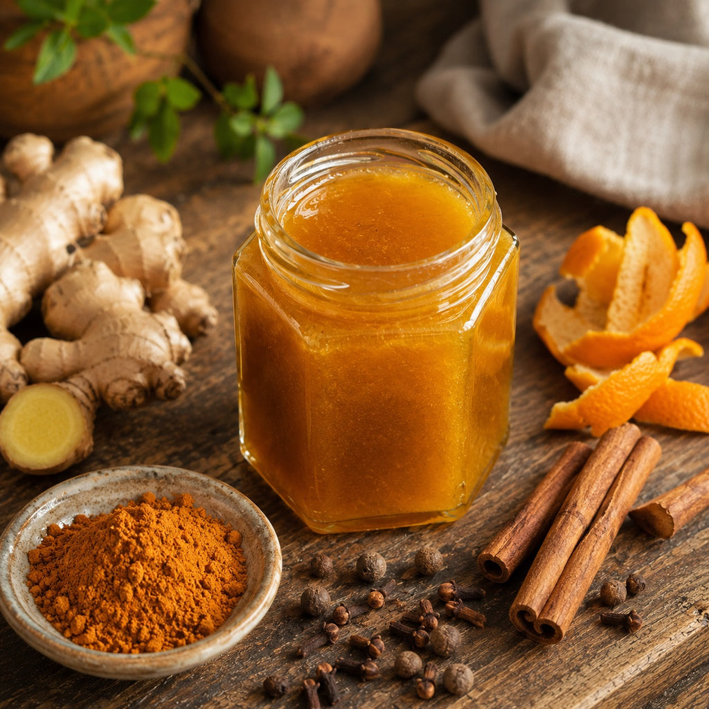 Jar of Raw Mulling Spice Honey with ginger, orange peels, cinnamon sticks, and other spices on a wooden surface.